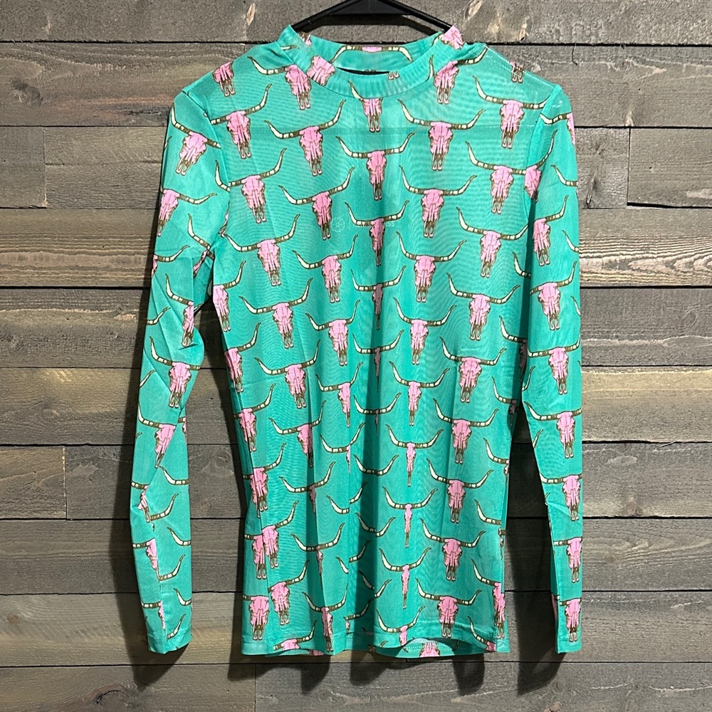 Rodeo Style Merigold Kiss Western teal  Pink sheer mesh Long Sleeve Women's Top
